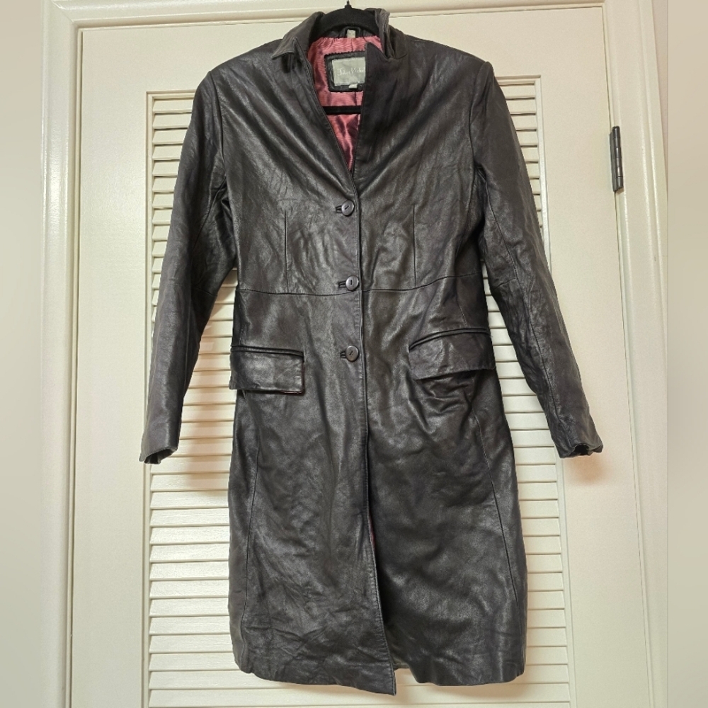 Juliet Michelle - Black Long Leather Button Jacket With Pink Lining